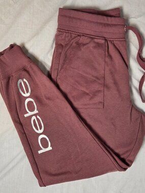 Bebe Sport Women's Large Pink Jogger Sweatpants Drawstring Silver Logo Graphic